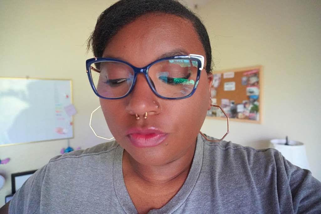 Cortney forward facing wearing Cat Eye Blue Eyeglasses
 